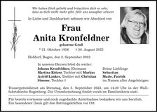 Traueranzeige Anita Kronfeldner