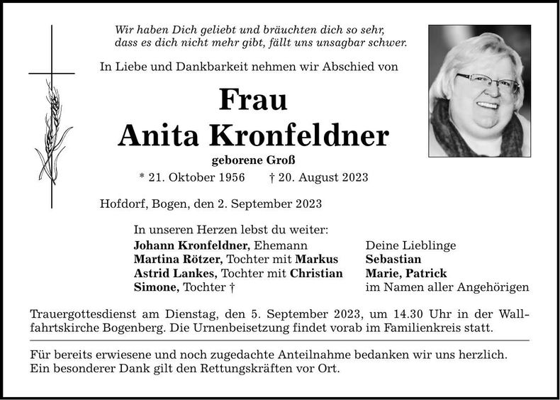 Traueranzeige Anita Kronfeldner