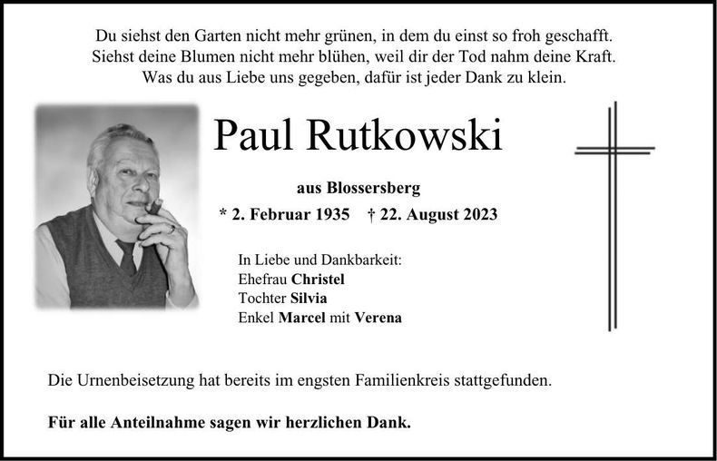 Traueranzeige Paul Rutkowski