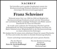 Traueranzeige Franz Schreiner