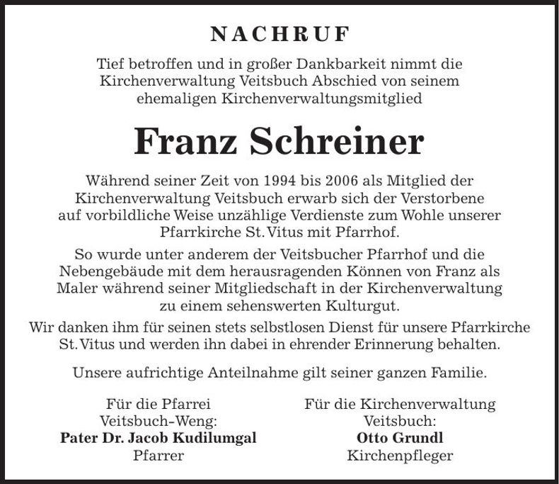 Traueranzeige Franz Schreiner