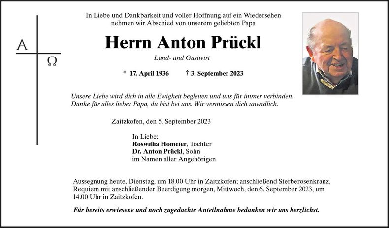 Traueranzeige Anton Prückl