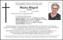 Traueranzeige Maria Högerl
