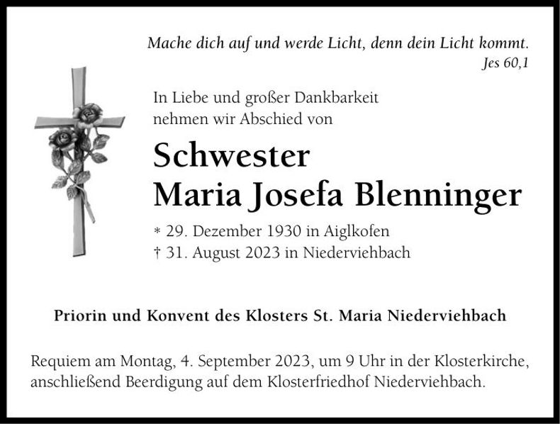 Traueranzeige Maria Josefa Blenninger