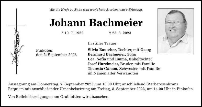 Traueranzeige Johann Bachmeier