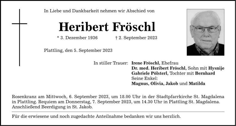 Traueranzeige Heribert Fröschl