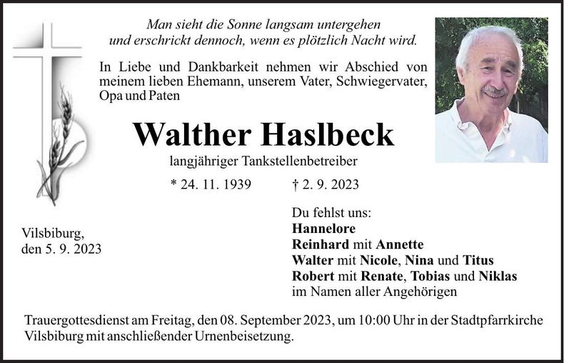 Traueranzeige Walther Haslbeck