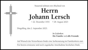 Traueranzeige Johann Lersch