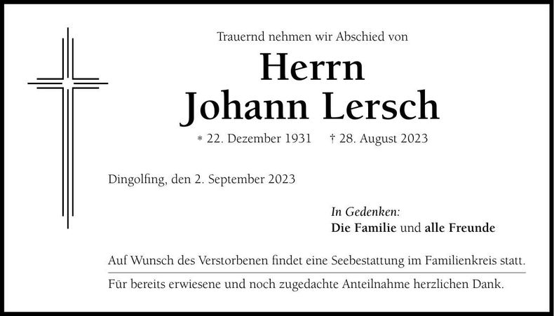 Traueranzeige Johann Lersch