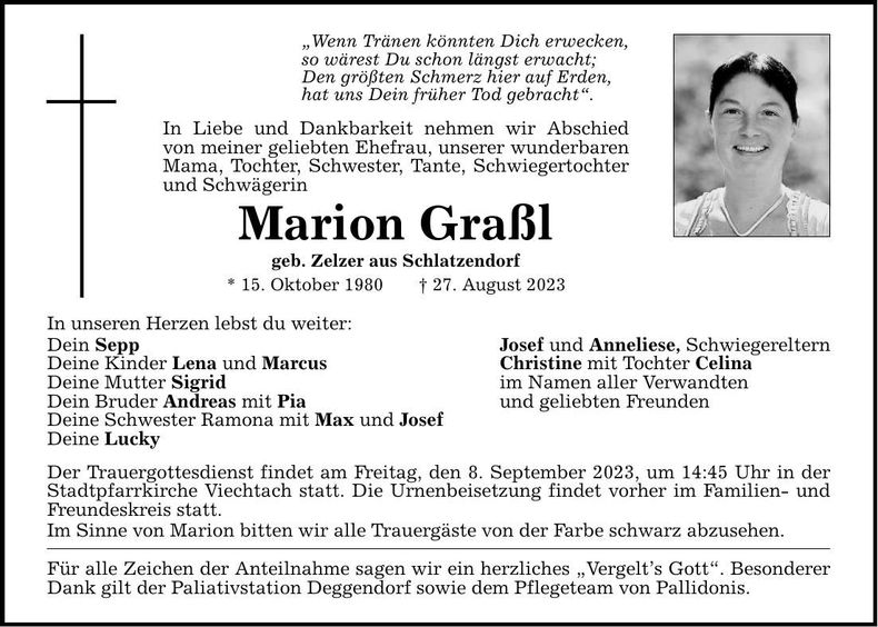 Traueranzeige Marion Graßl