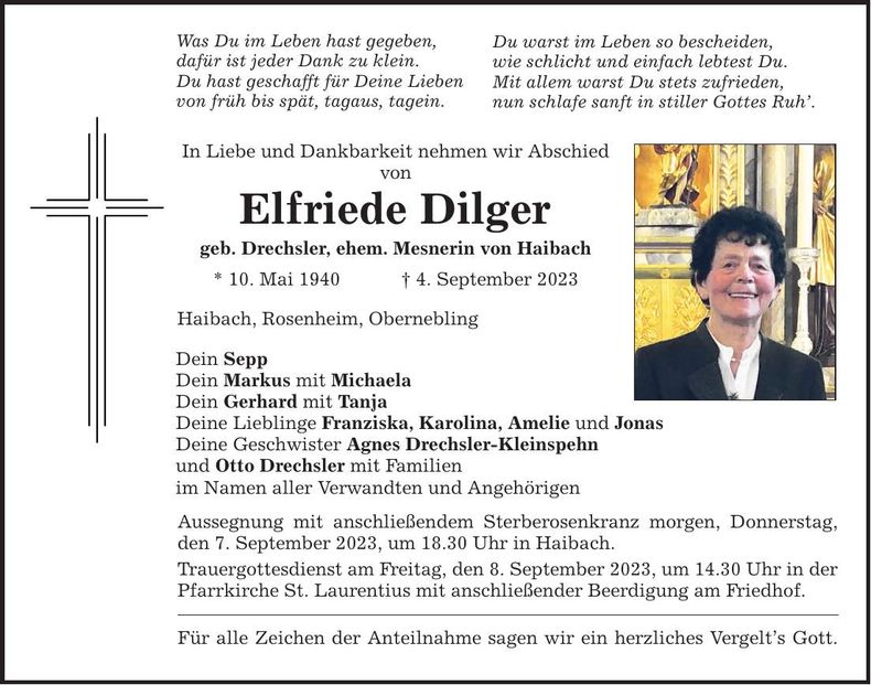 Traueranzeige Elfriede Dilger