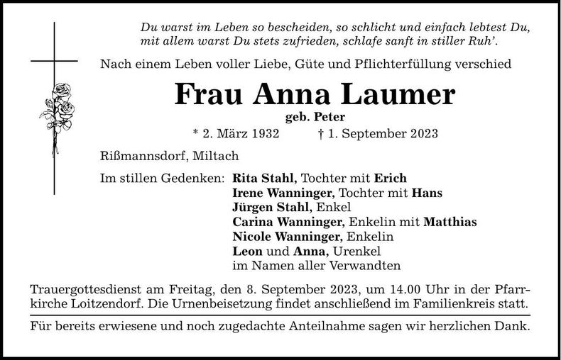 Traueranzeige Anna Laumer