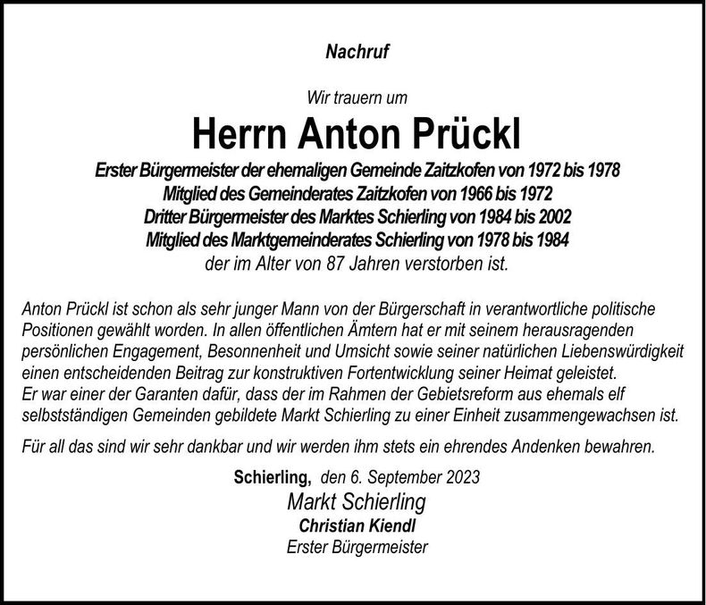 Traueranzeige Anton Prückl
