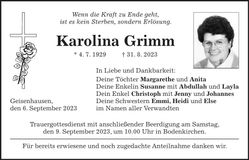 Traueranzeige Karolina Grimm