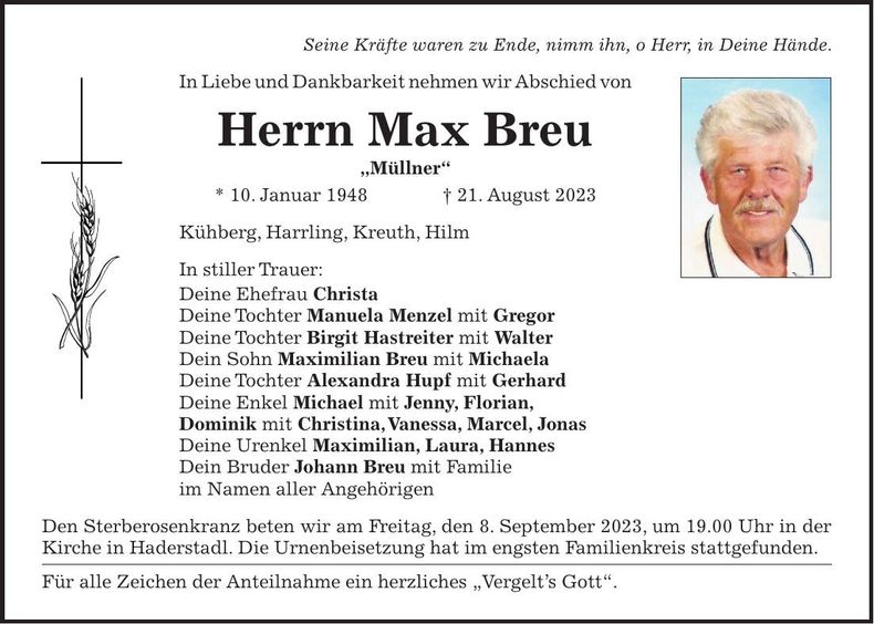 Traueranzeige Max Breu