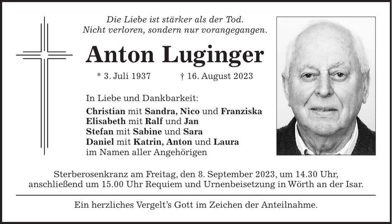 Traueranzeige Anton Luginger