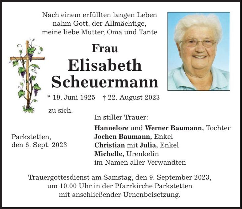 Traueranzeige Elisabeth Scheuermann