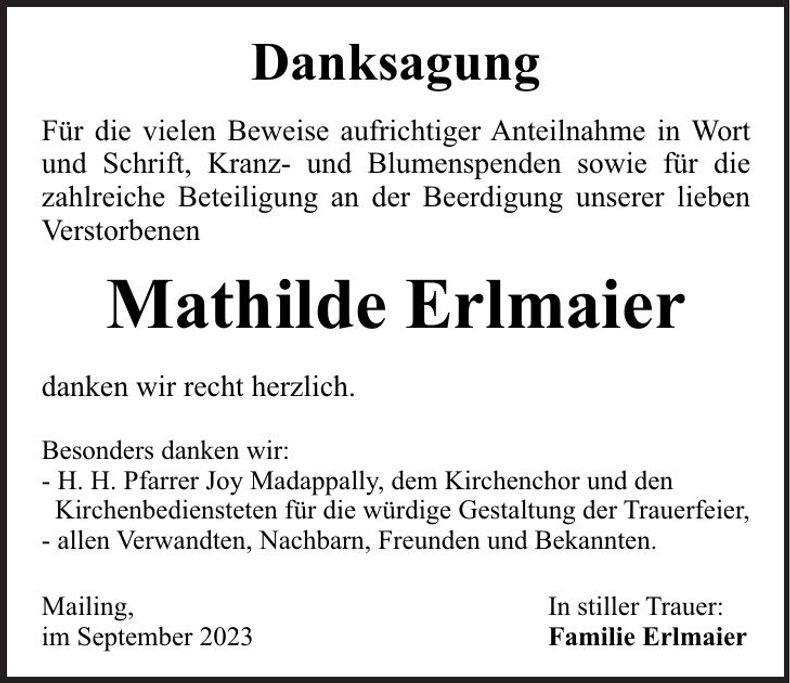 Traueranzeige Mathilde Erlmaier