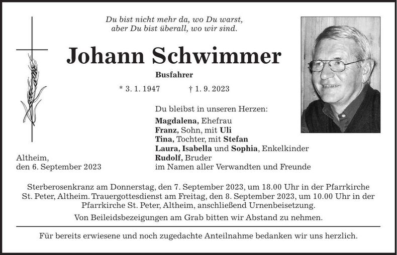 Traueranzeige Johann Schwimmer