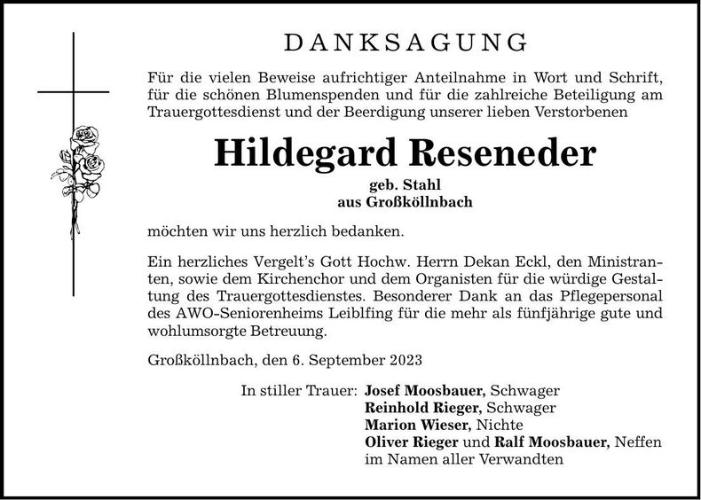 Traueranzeige Hildegard Reseneder