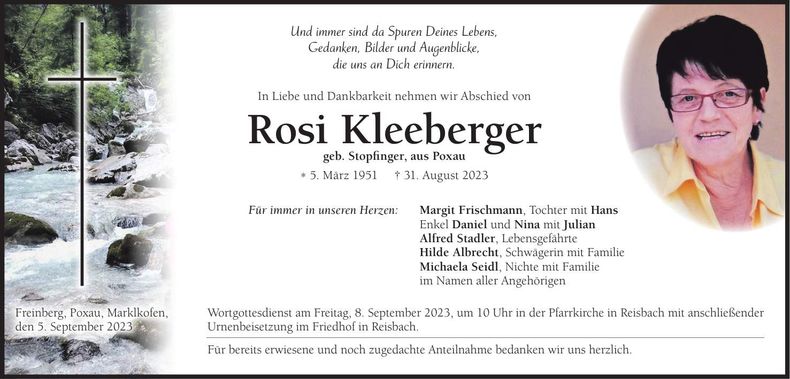 Traueranzeige Rosi Kleeberger