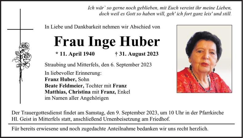 Traueranzeige Inge Huber