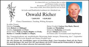 Traueranzeige Oswald Richer