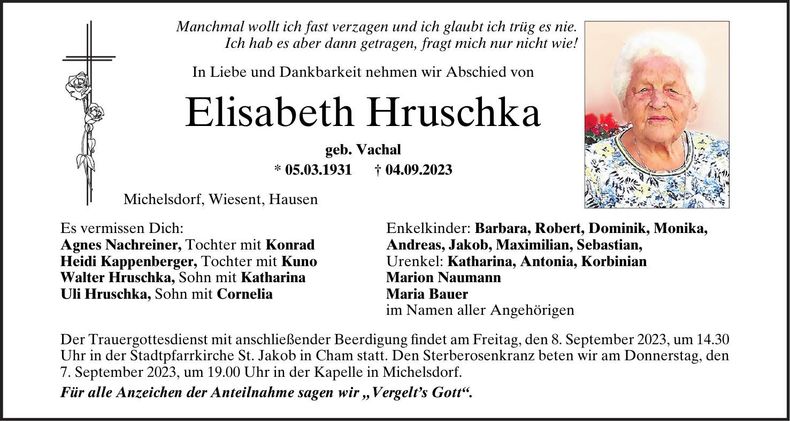 Traueranzeige Elisabeth Hruschka