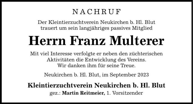 Traueranzeige Franz Multerer