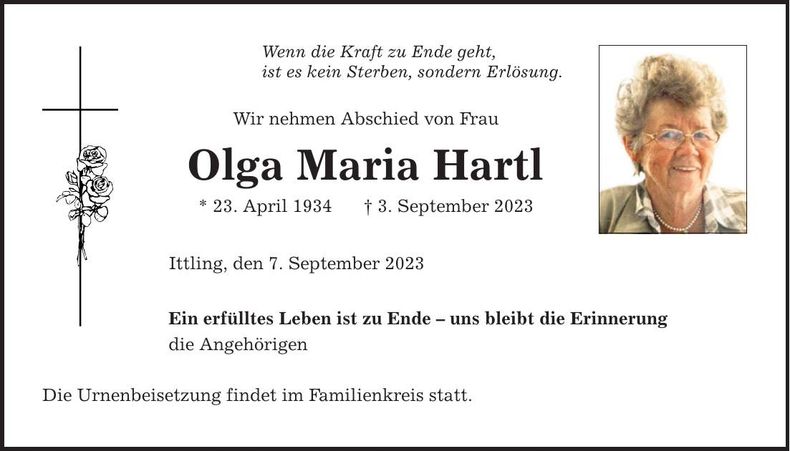 Traueranzeige Olga Maria Hartl