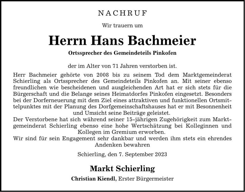 Traueranzeige Hans Bachmeier