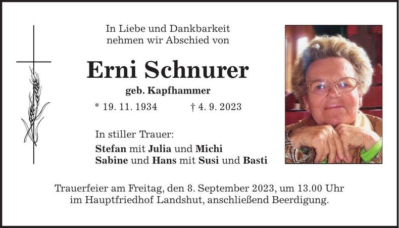 Traueranzeige Erni Schnurer