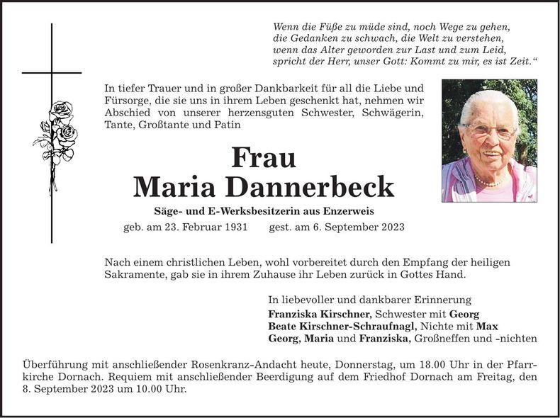 Traueranzeige Maria Dannerbeck