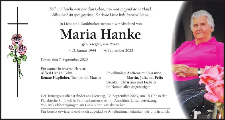 Traueranzeige Maria Hanke