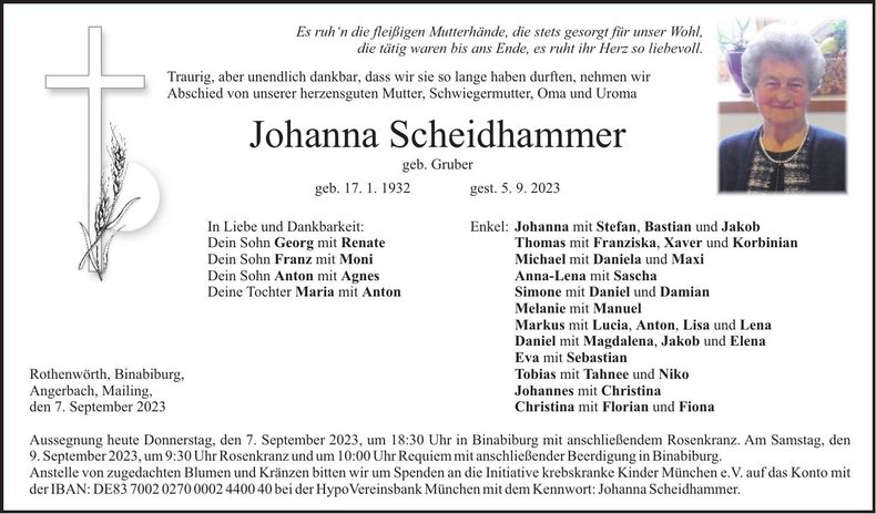 Traueranzeige Johanna Scheidhammer