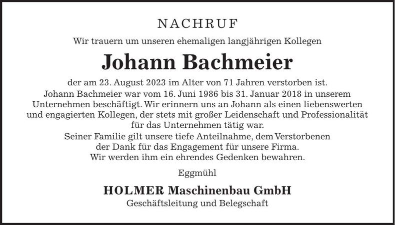 Traueranzeige Johann Bachmeier