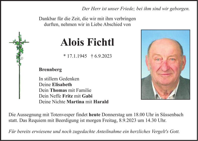 Traueranzeige Alois Fichtl