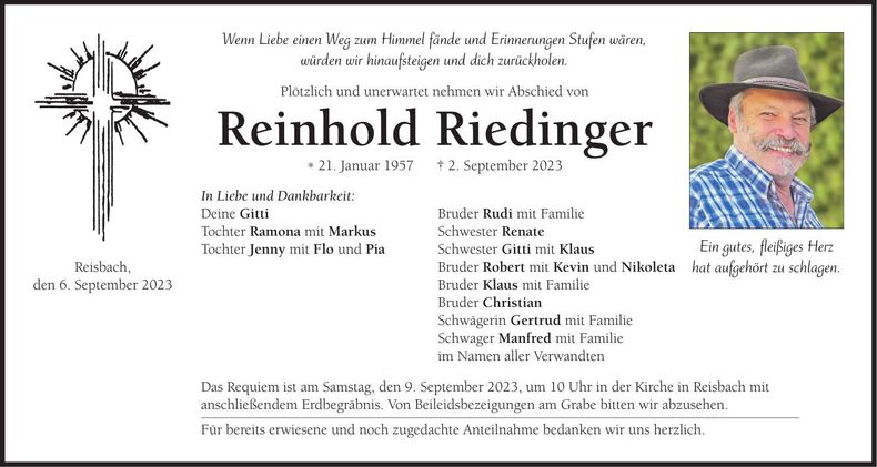 Traueranzeige Reinhold Riedinger