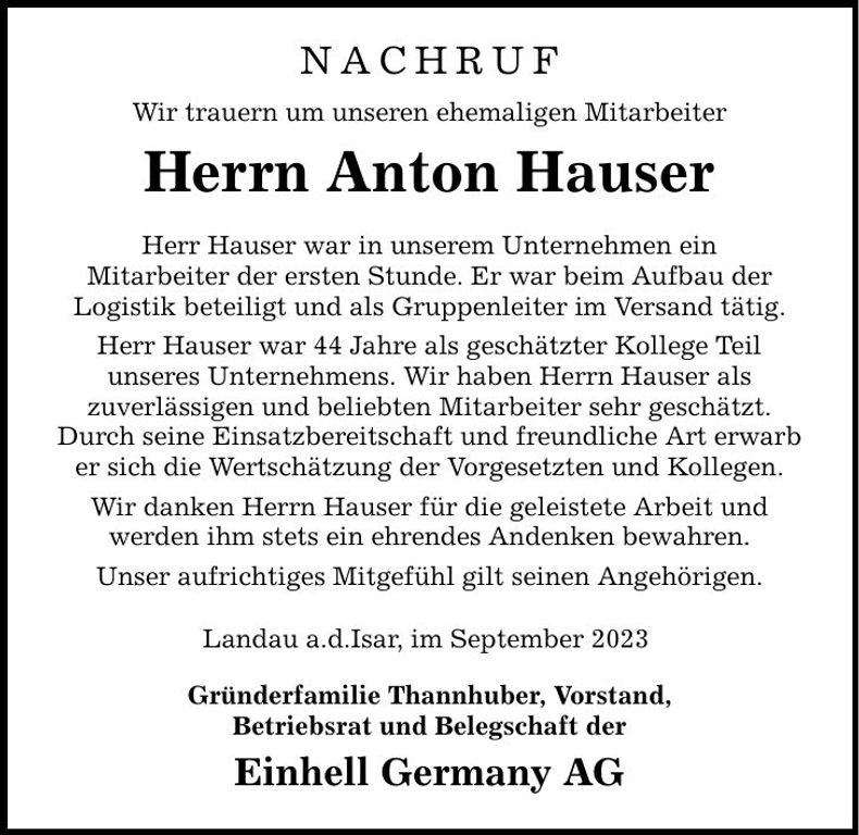 Traueranzeige Anton Hauser