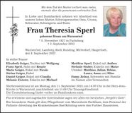Traueranzeige Theresia Sperl
