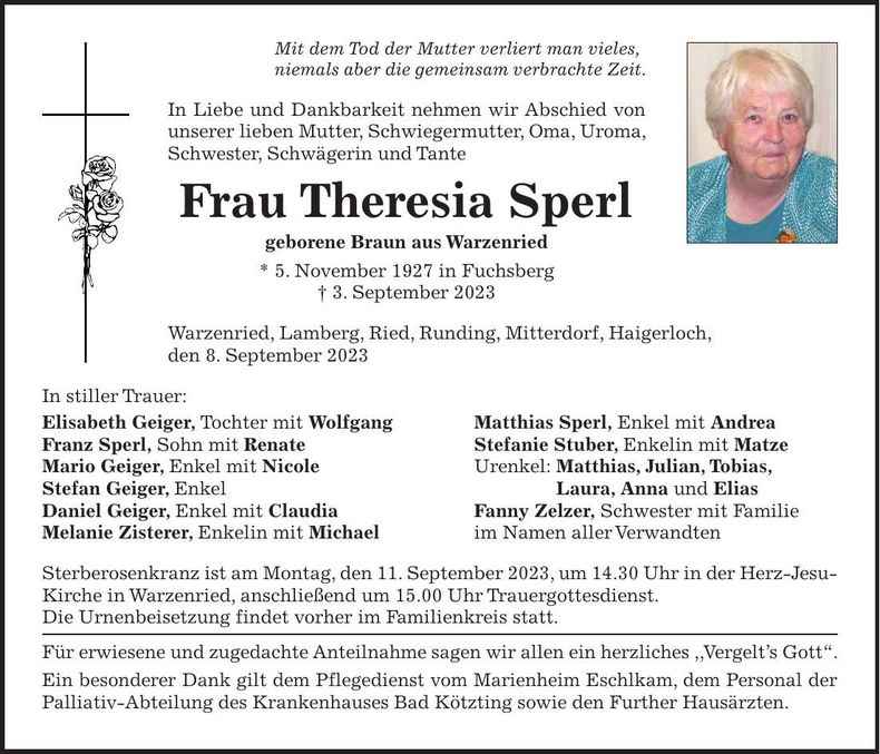 Traueranzeige Theresia Sperl
