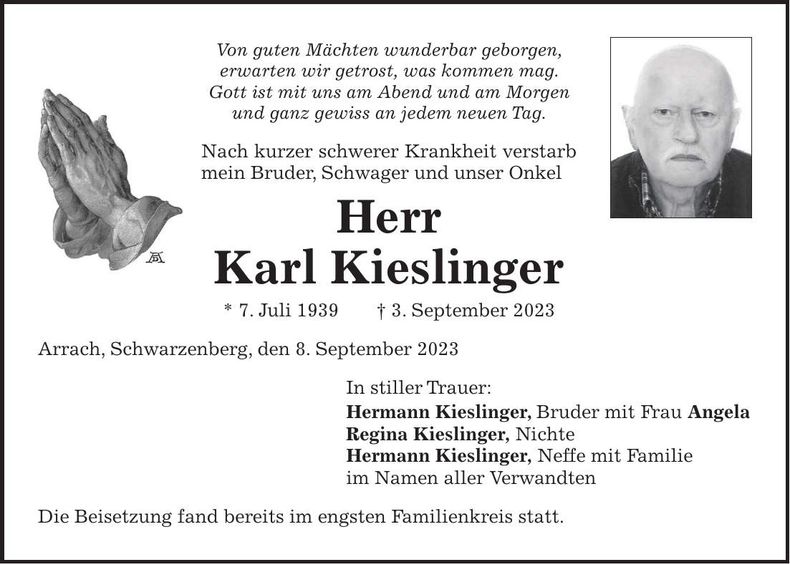Traueranzeige Karl Kieslinger