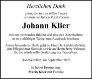 Traueranzeige Johann Klier