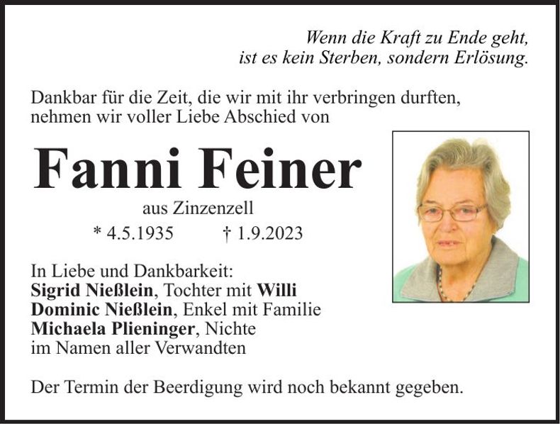 Traueranzeige Fanni Feiner