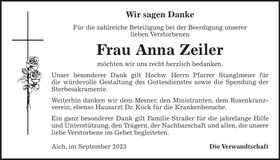 Traueranzeige Anna Zeiler