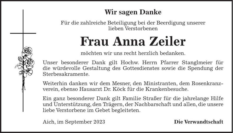 Traueranzeige Anna Zeiler
