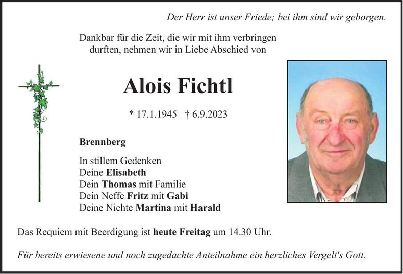 Traueranzeige Alois Fichtl