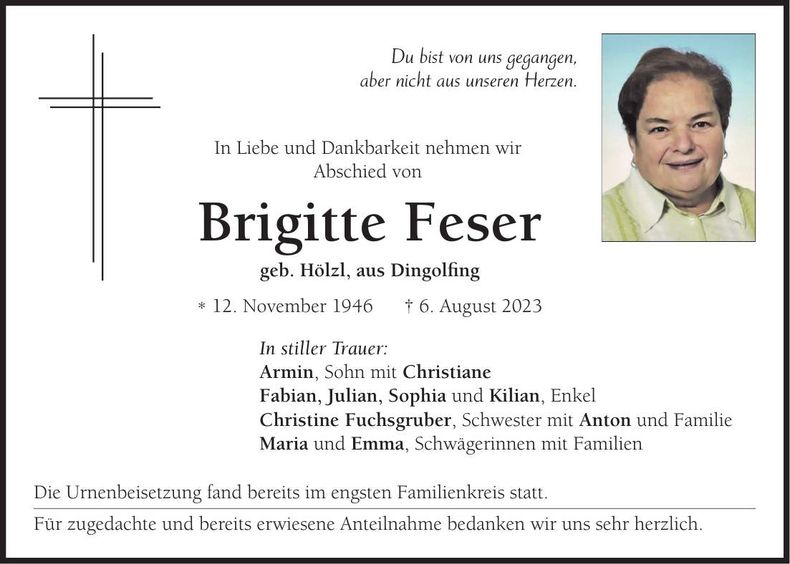 Traueranzeige Brigitte Feser
