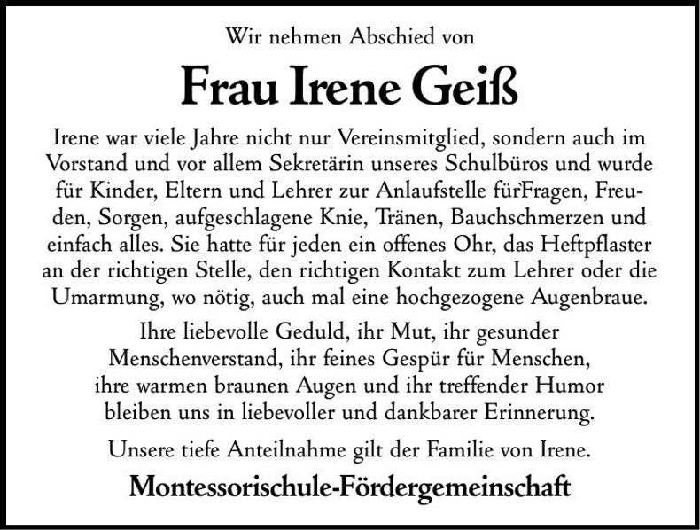Traueranzeige Irene Geiß