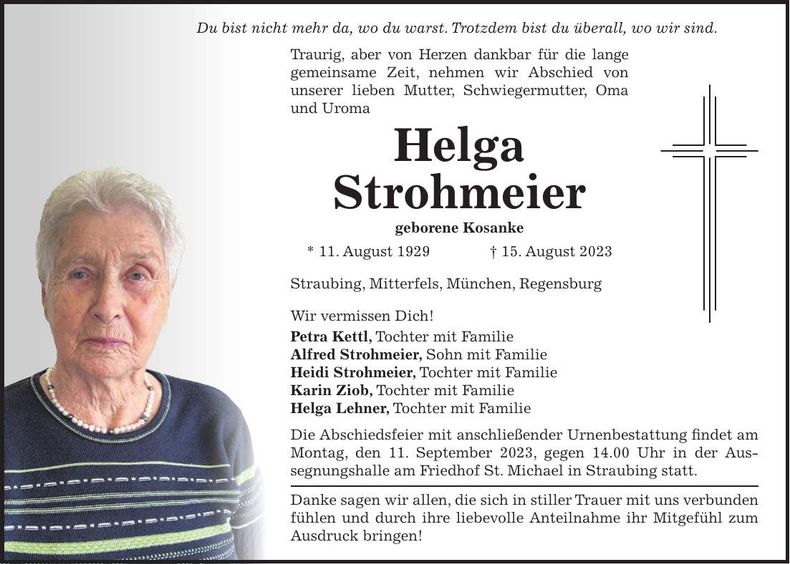 Traueranzeige Helga Strohmeier